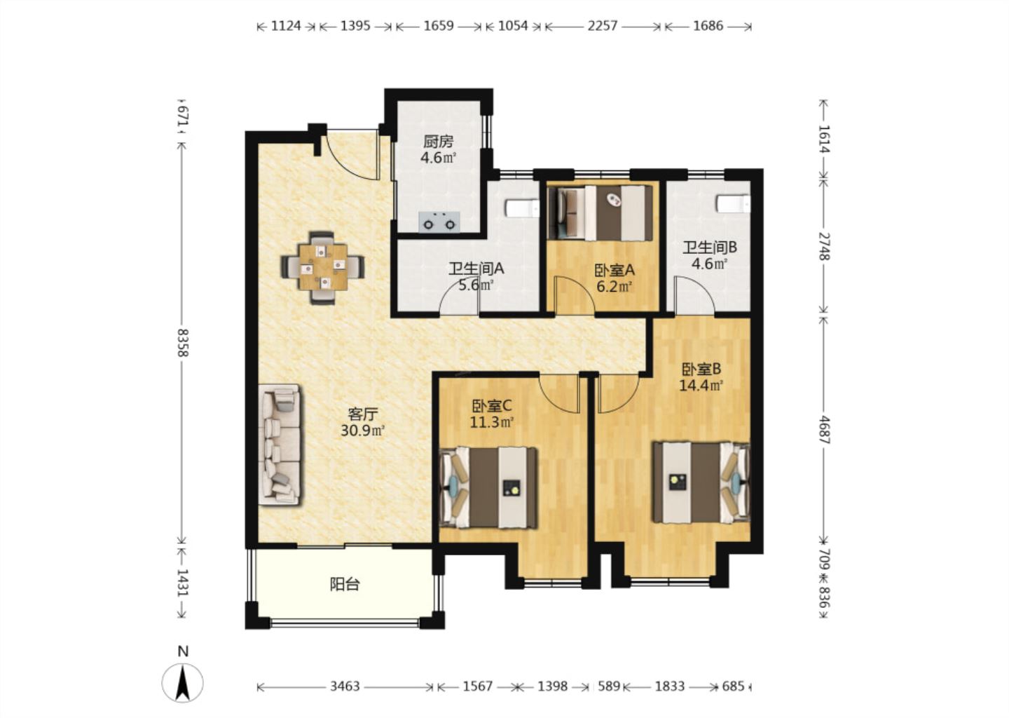 招商东城华府  3室1厅2卫   146.00万