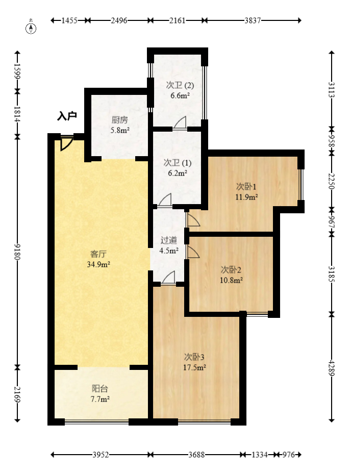江南华府  3室2厅1卫   114.60万室内图1