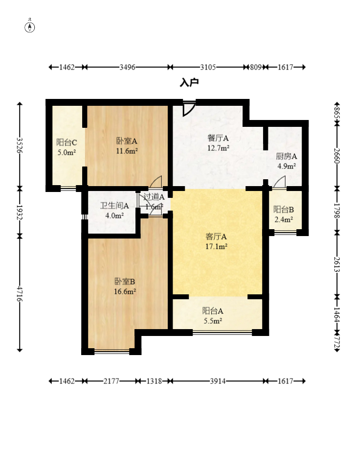 五矿万境水岸二期（五矿万境水岸和苑）  2室2厅1卫   140.00万室内图1