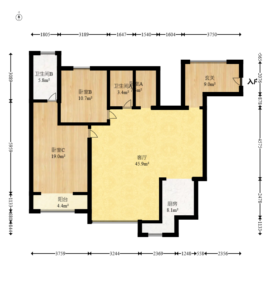 月畔湾  3室2厅1卫   96.00万室内图1