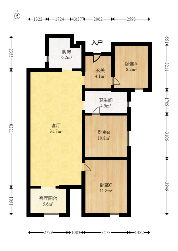 北辰中央公园C区  3室2厅2卫   88.00万室内图1