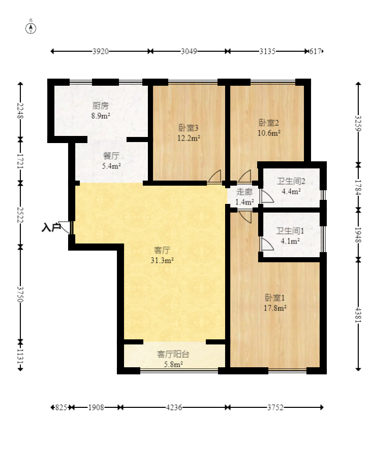 鑫远御文台一期  3室2厅1卫   149.80万室内图1