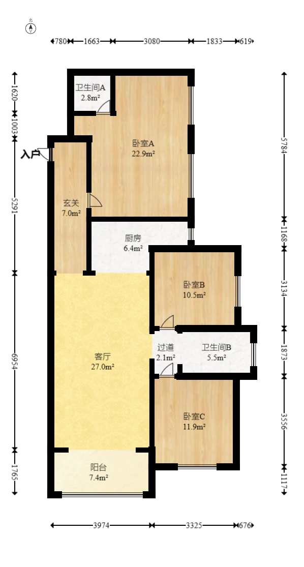 悦湖山  3室2厅2卫   89.00万室内图1