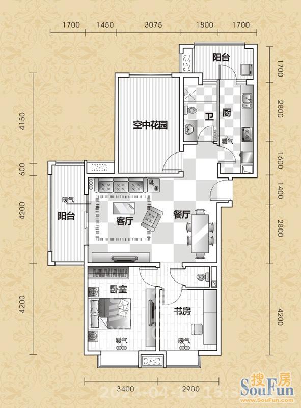 怡海星城  3室2厅1卫   2200.00元/月室内图1