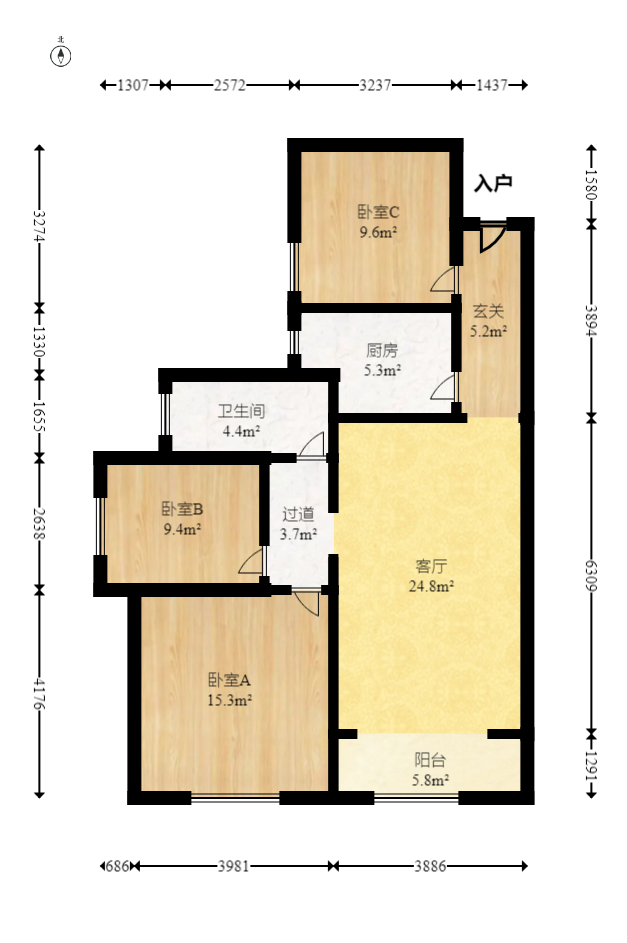 维一星城原山苑  3室2厅1卫   88.00万室内图1