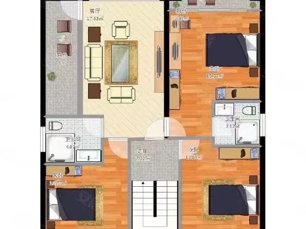 向韶村  3室1厅2卫   3000.00元/月户型图