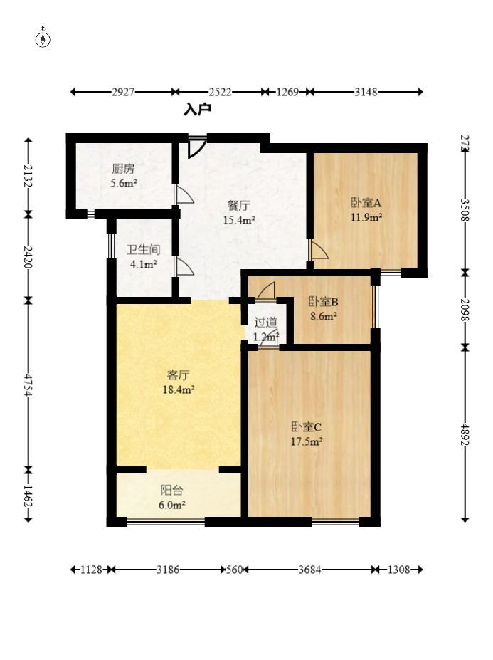 卢浮原著  3室2厅1卫    77.8万室内图1
