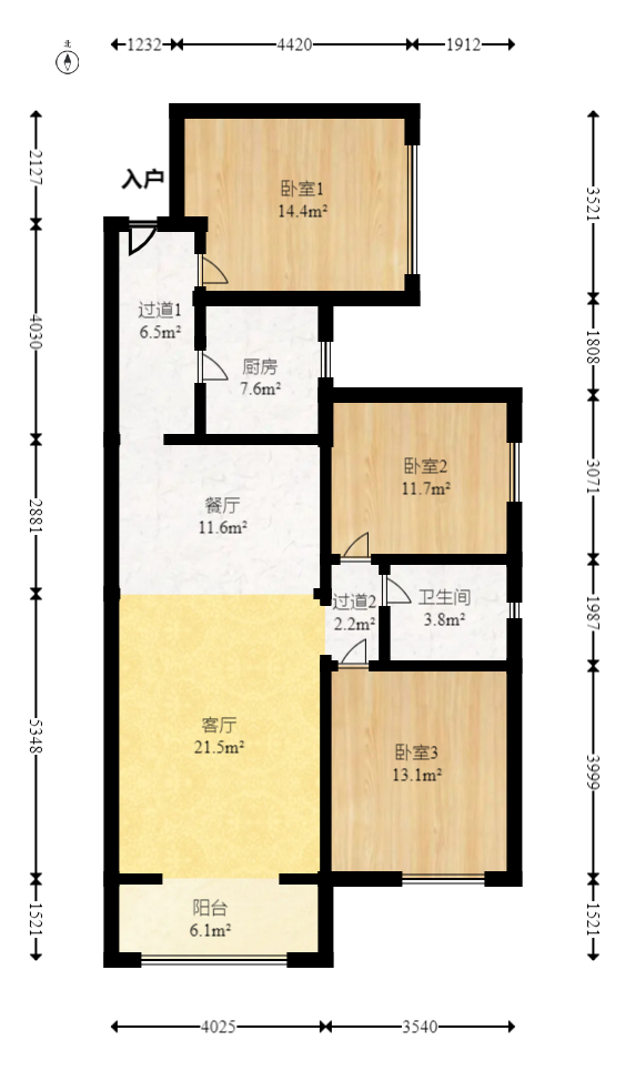金富湘江悦城  3室2厅1卫   114.50万室内图1