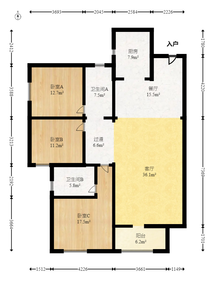 福晟钱隆公馆  3室2厅2卫   81.00万室内图1