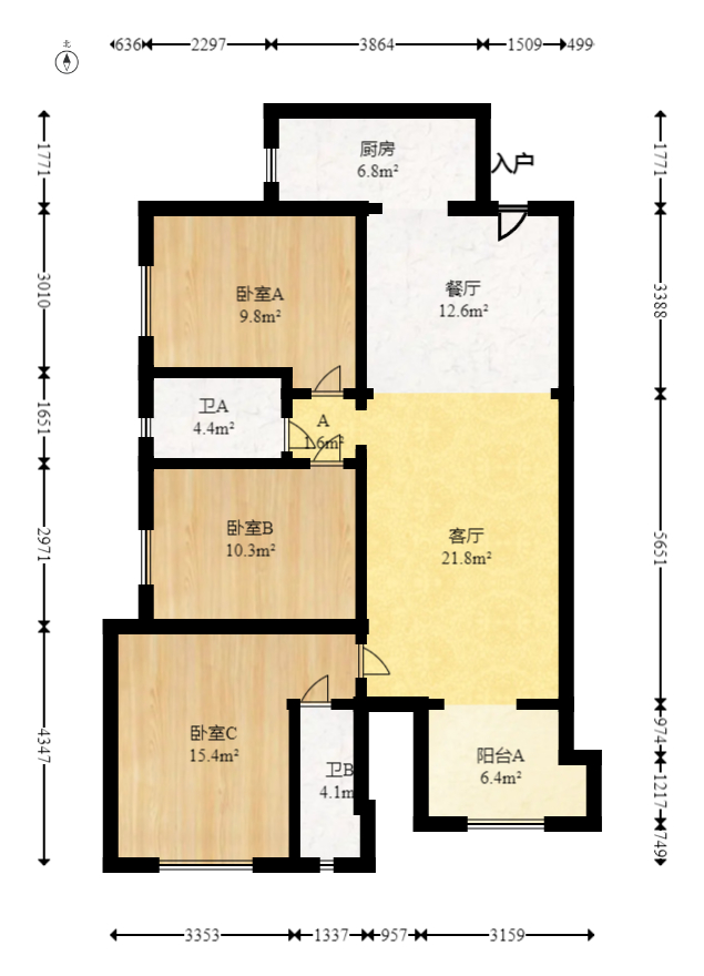 万科魅力之城  3室2厅2卫   125.00万室内图1