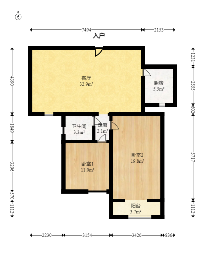 克拉美丽山庄（晟领国际）  2室2厅1卫   80.00万室内图1