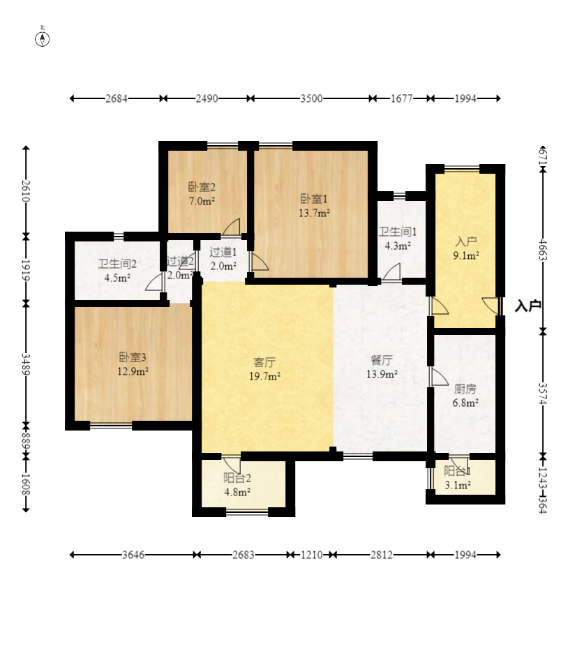 时代倾城四期  3室2厅2卫   91.00万室内图1