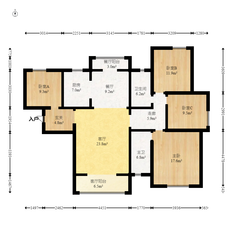 北辰中央公园C区  3室2厅2卫   180.00万室内图1