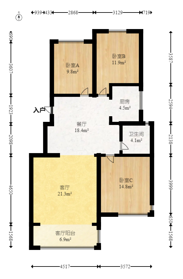 钰龙天下一期  3室2厅1卫   320.00万室内图1