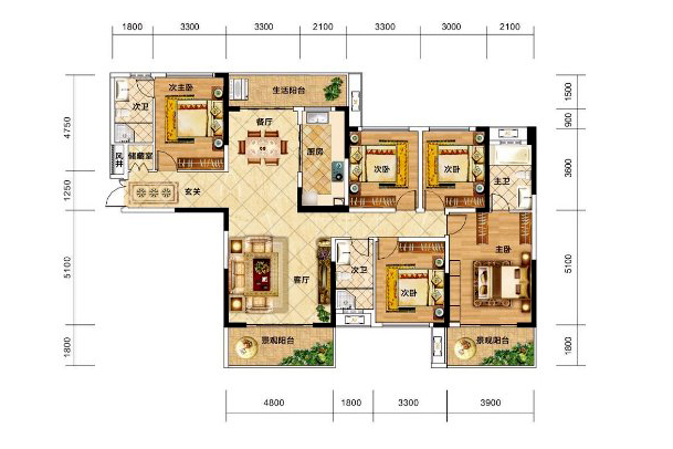 金东陶子湖  5室2厅3卫   132.00万室内图