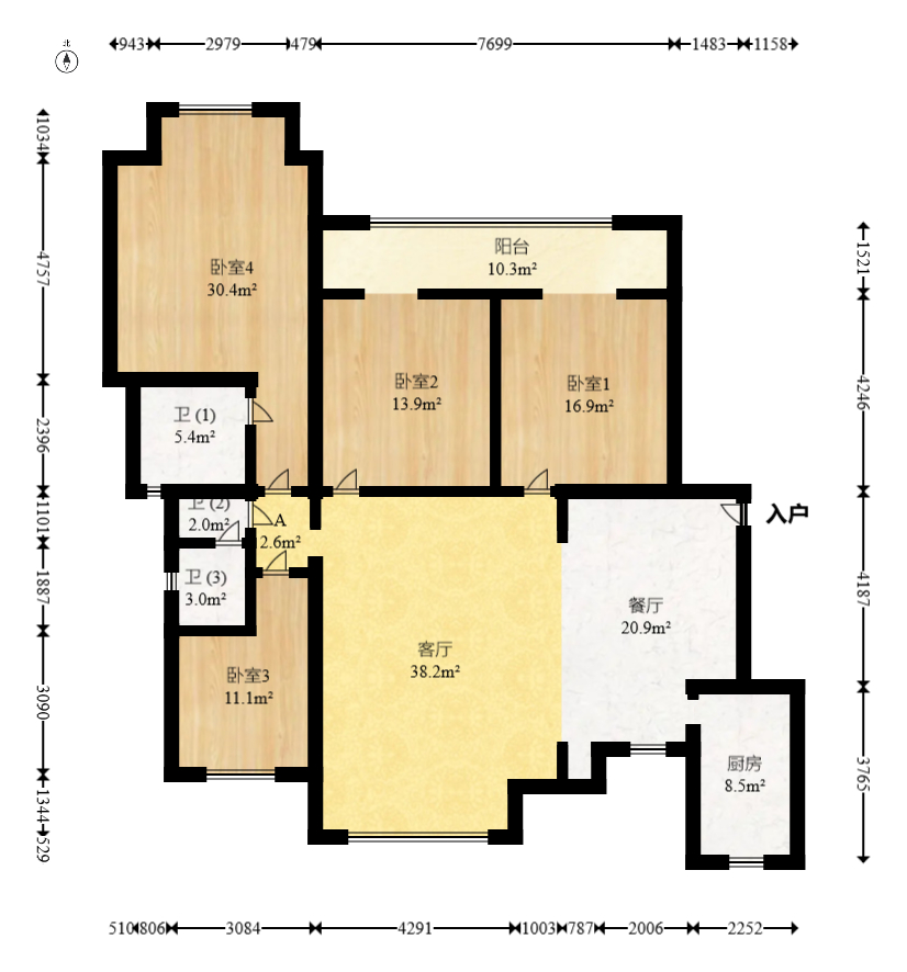 福乐康城  4室2厅2卫   128.00万室内图1