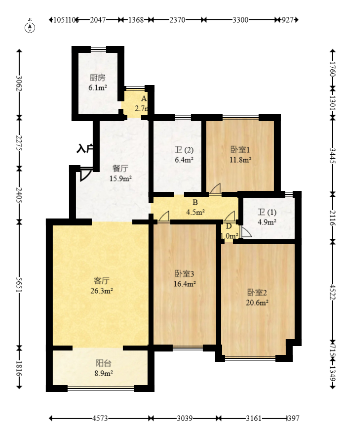 福乐康城  3室2厅2卫    88.0万室内图1