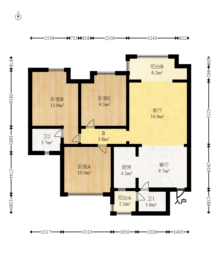 五江天街北区  3室2厅2卫   109.00万室内图1