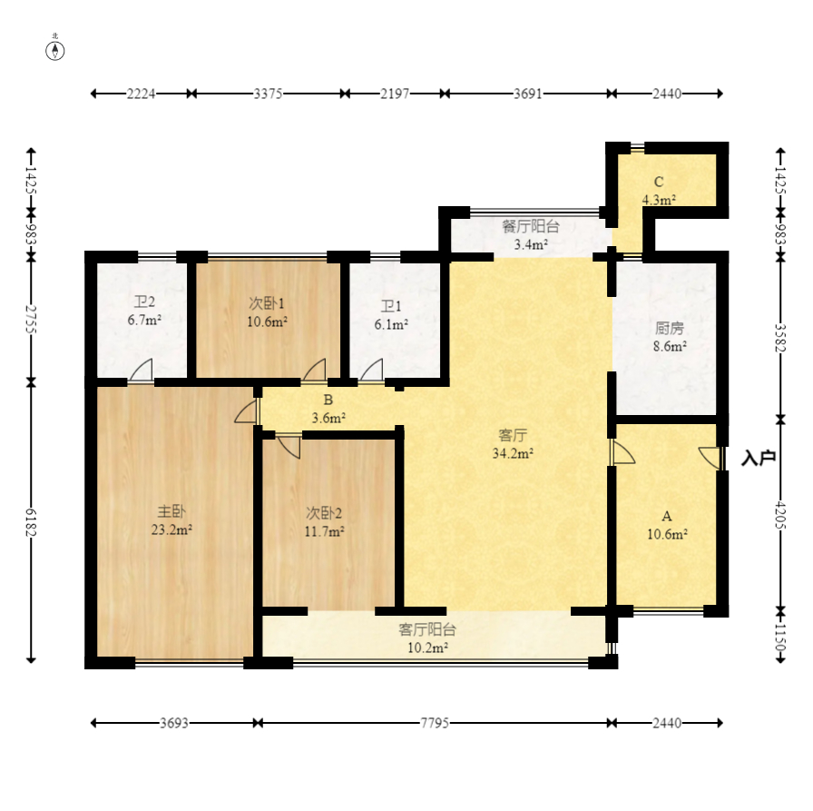 恒基凯旋门一二期  4室2厅2卫   115.00万室内图1