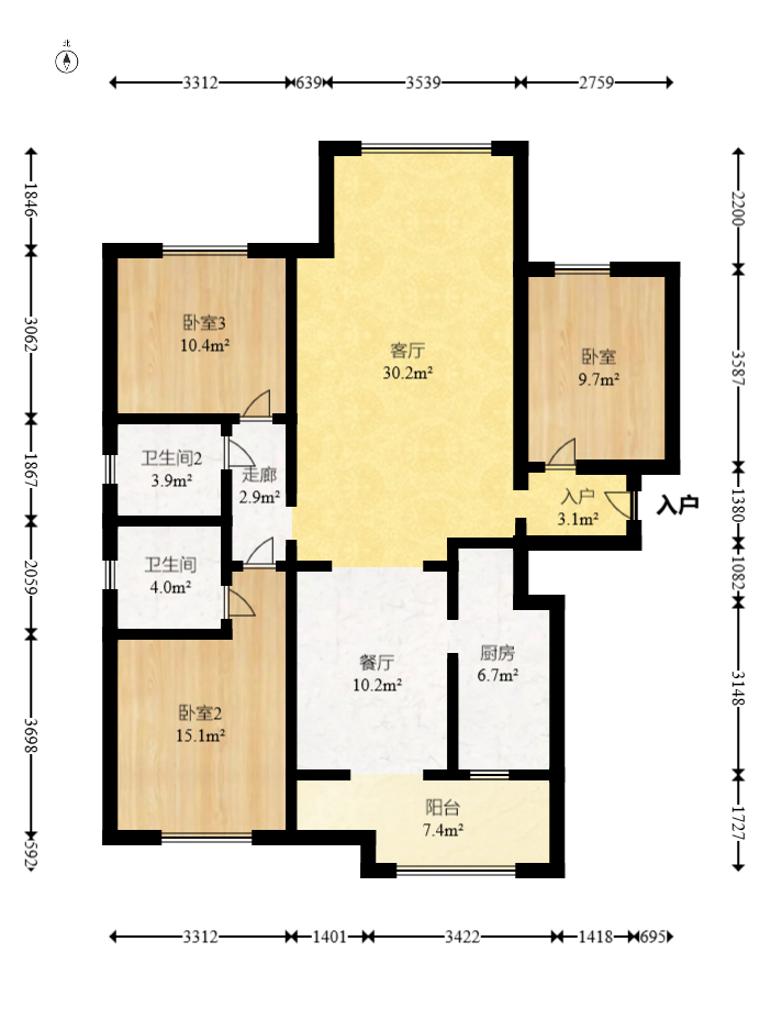 东方美地 3室2厅2卫 96.8万 东方美地 3室2厅2卫 96.8万户型图