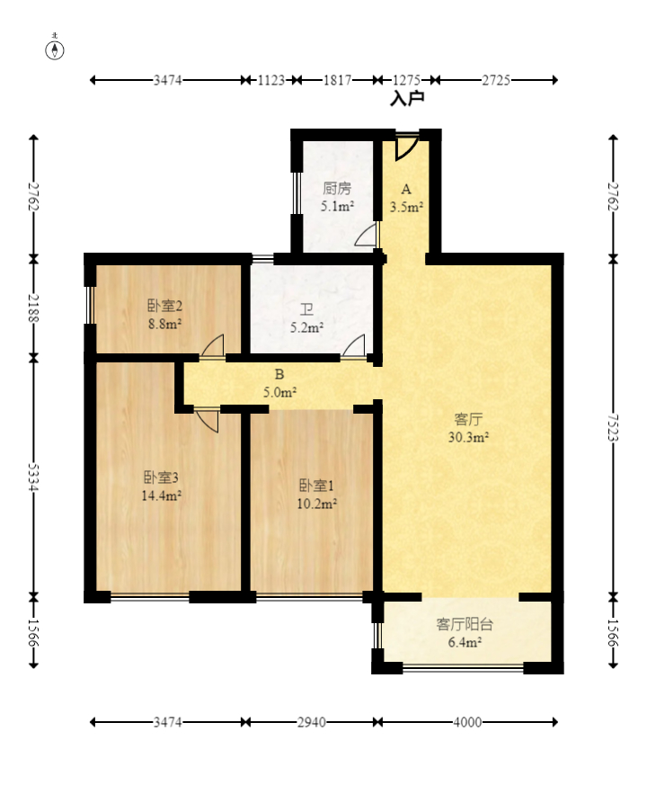 中南红领邦（红星嘉和苑）  3室2厅1卫   72.00万室内图1