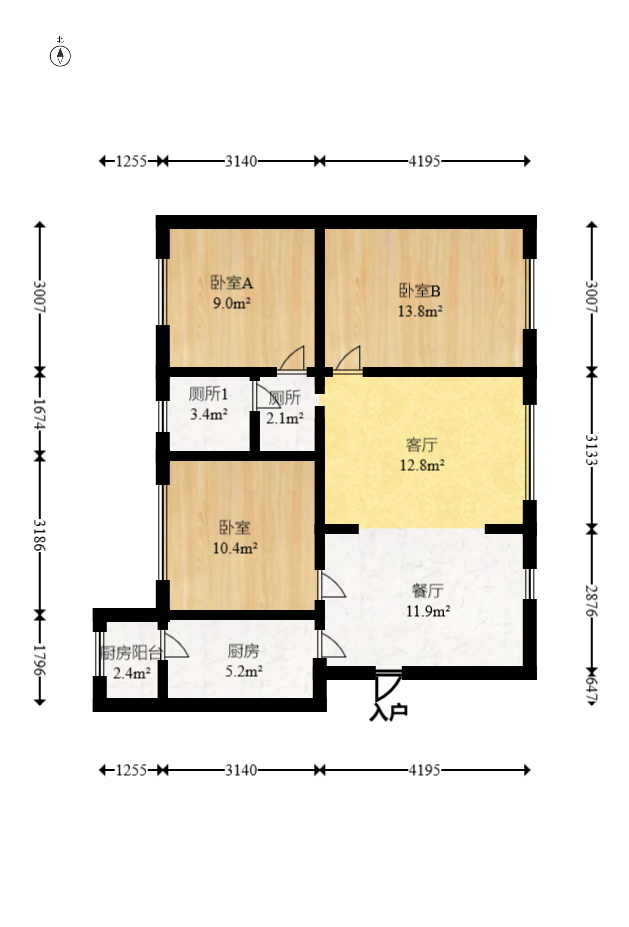 COCO蜜城  3室2厅1卫   88.00万室内图1