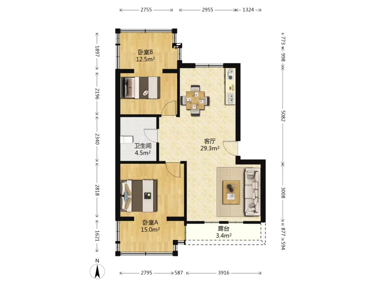金塘家园  2室1厅1卫    1500.0元/月户型图