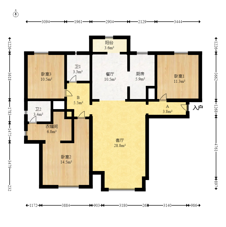 金地格林公馆  3室2厅2卫    130.0万室内图1