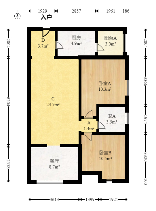 五矿万境水岸二期（五矿万境水岸和苑）  2室2厅1卫   103.00万室内图1
