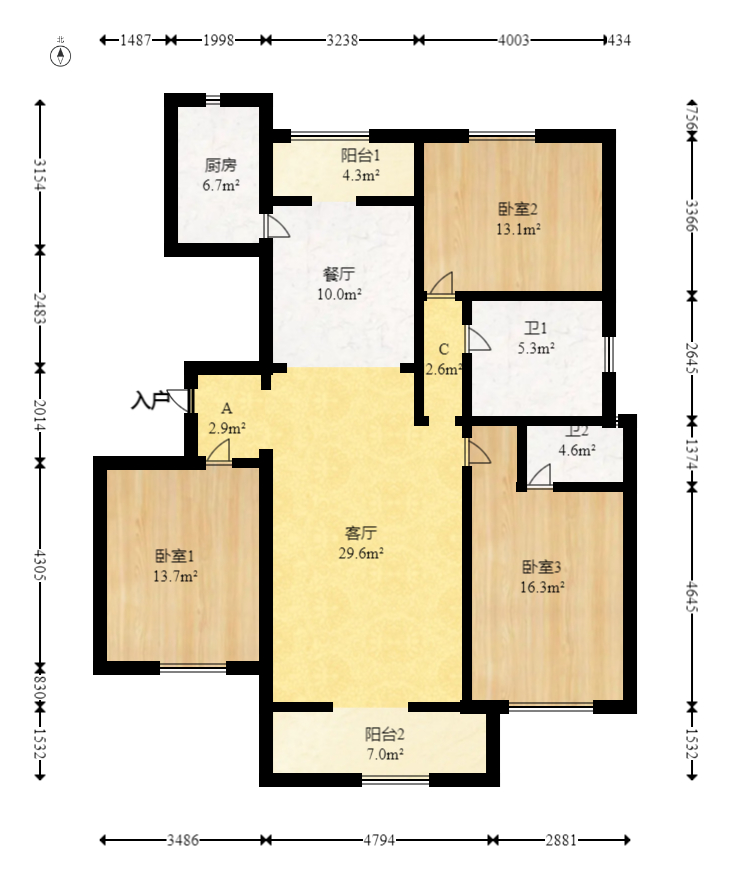 西子花苑  3室2厅2卫   142.00万室内图1