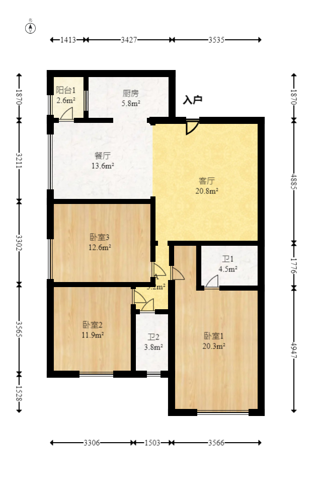 上河国际F座  3室2厅2卫   93.00万室内图1