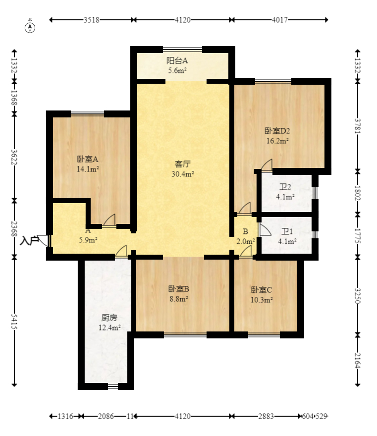 绿地之窗  4室2厅1卫   145.00万室内图1