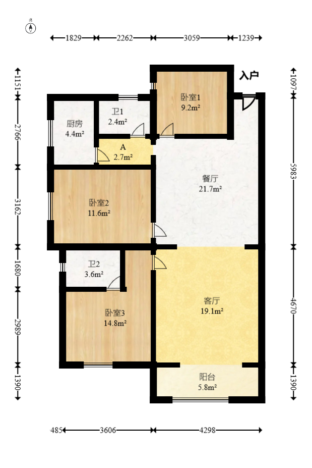 左岸右岸  3室2厅1卫   108.00万室内图1