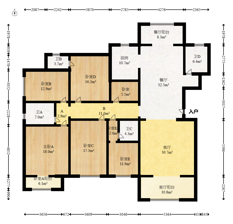 八方小区B区  5室2厅3卫   1196.00万室内图1