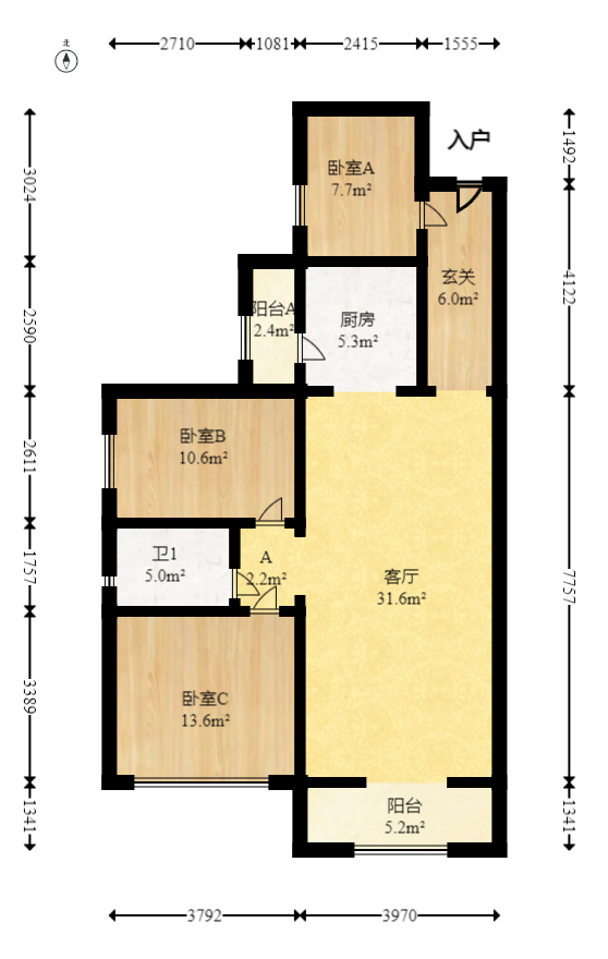 蔷薇国际  3室2厅1卫   76.00万室内图1