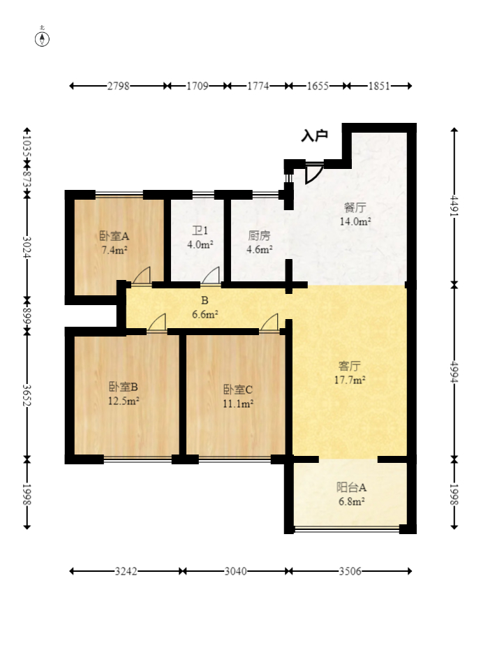明昇壹城（明昇时代广场）一期  3室2厅1卫   125.00万室内图1
