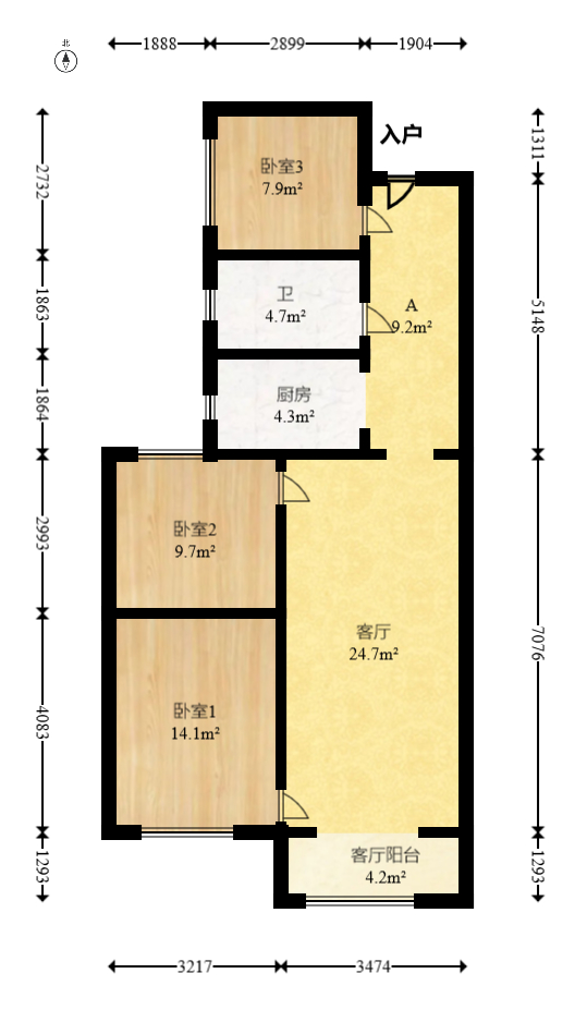 润屋美院  3室2厅1卫   166.00万室内图1