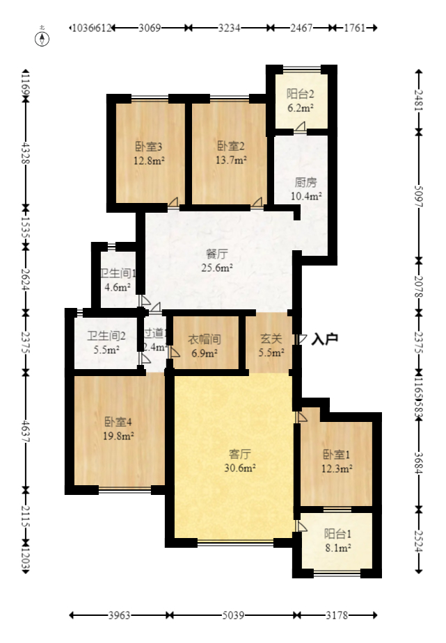 恒大名都  4室2厅2卫   130.00万室内图1