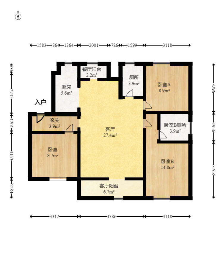 德惠雅苑（众星湘港公馆）  3室2厅2卫   90.00万室内图1