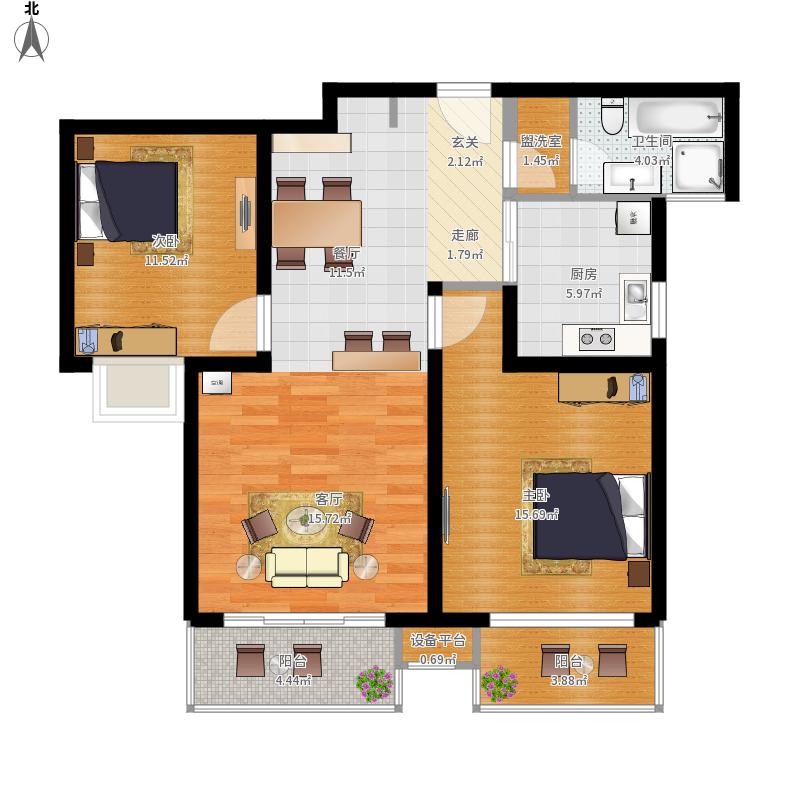 恒大华府  3室2厅2卫   76.80万室内图1