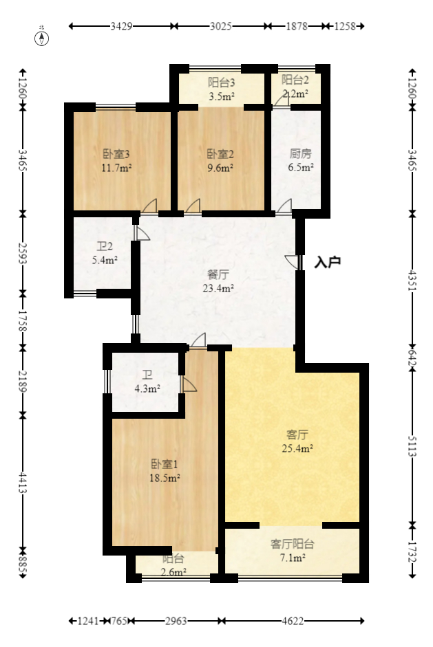 鑫远湘府华城  3室2厅2卫   115.00万室内图1