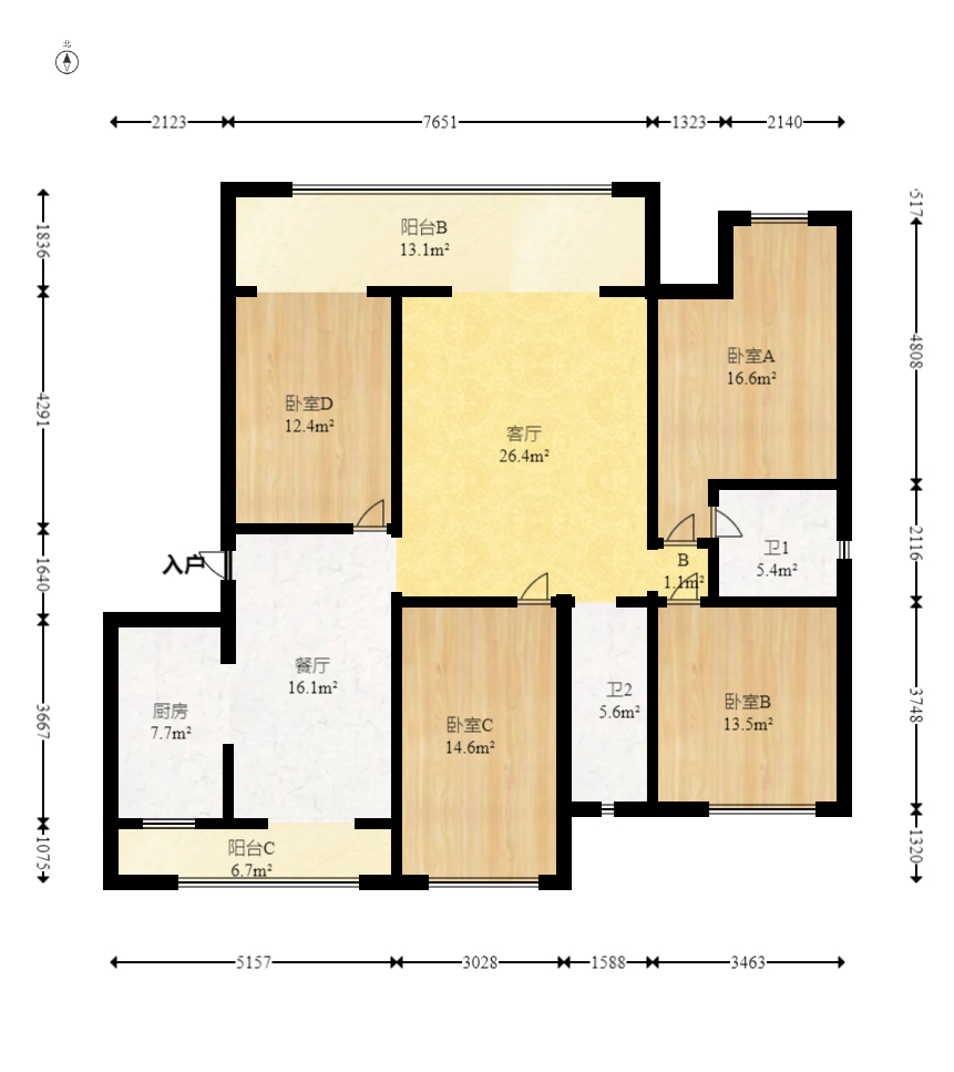 新华都万家城  4室2厅1卫   135.00万室内图1
