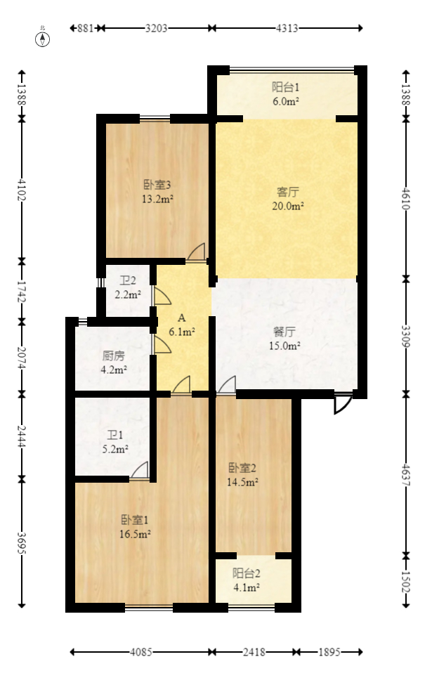 南国新城  3室2厅2卫   132.00万室内图1
