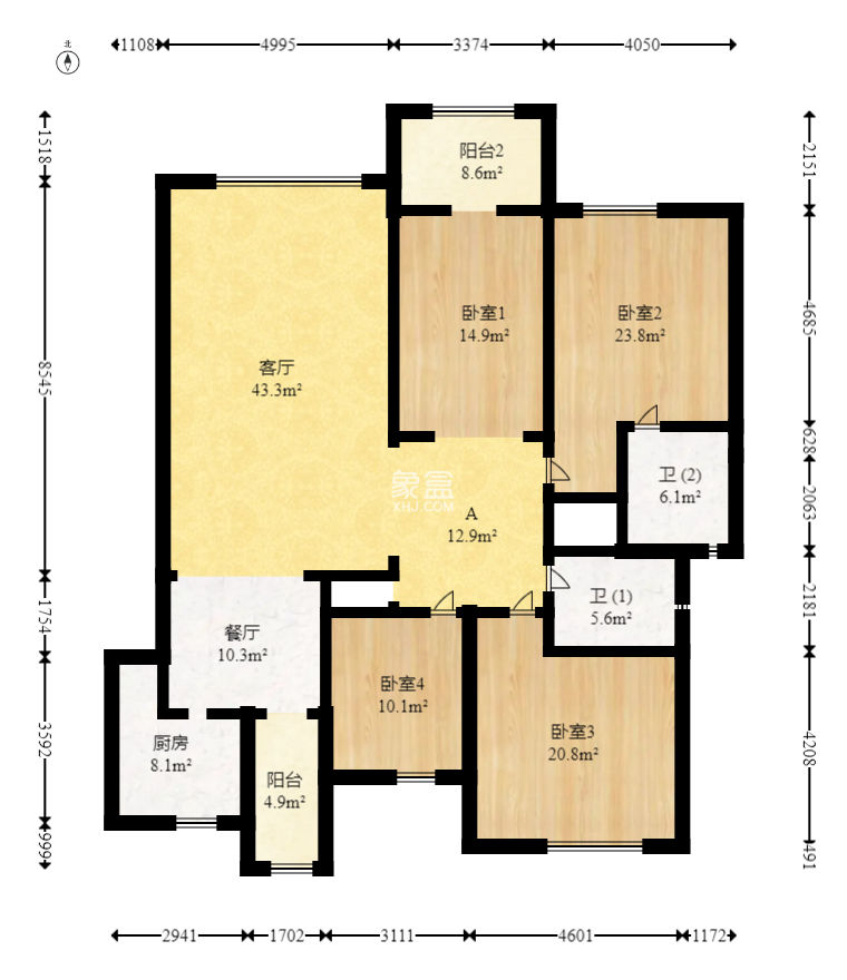 鸿铭中心  4室2厅2卫   235.00万