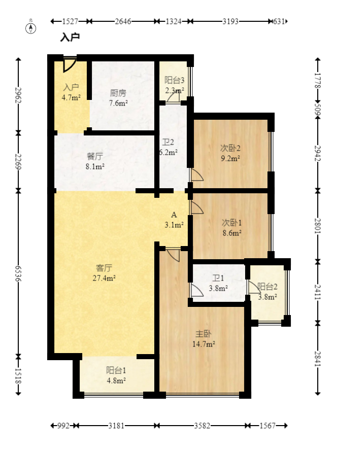 北辰瀚江府  3室2厅2卫    252.0万室内图1