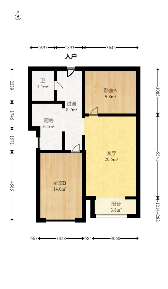 名富公寓  2室1厅1卫   65.60万室内图1