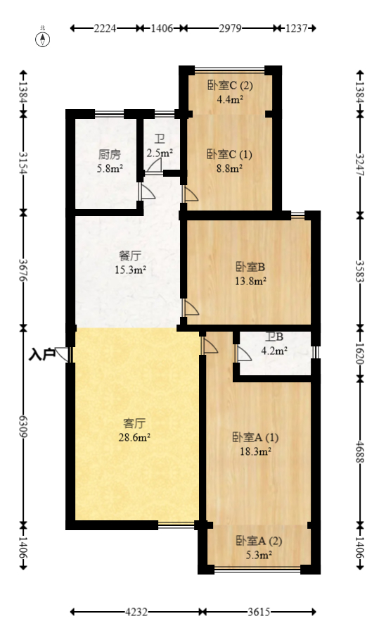 恩瑞麓山名园（龙王港小区）  3室2厅2卫   83.00万室内图1