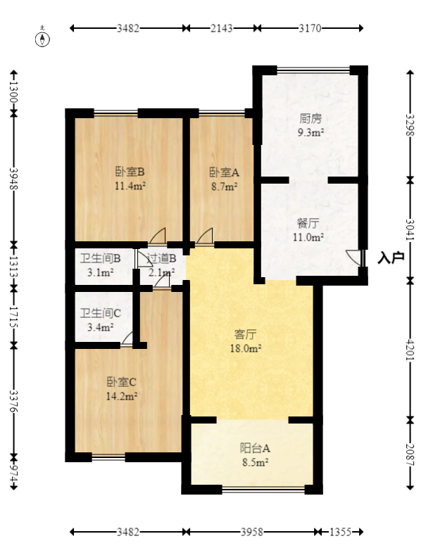 五矿万境水岸一期（万境水岸嘉苑）  3室2厅1卫   148.00万室内图1