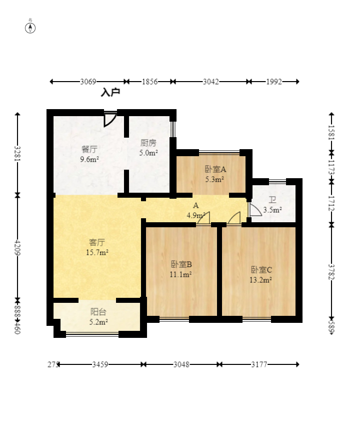 绿地新都会  3室2厅1卫   72.00万室内图1