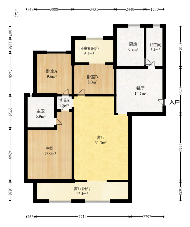八方小区C区  3室2厅1卫   480.40万室内图1